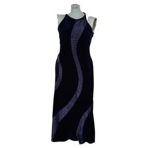 Vintage Maxi Dress Velvet Blue  Halter 90s Y2k Sequin Swirl Spaghetti Strap